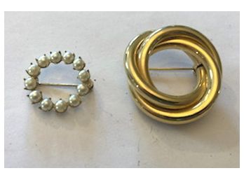 TWO Gold Tone Circle Pins,  One Has Faux Pearls & One Entwined Circles