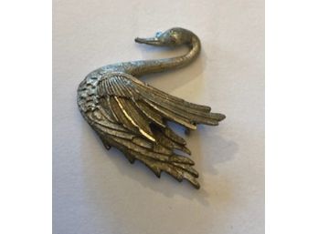 Handsome Swan Pin, Pewter Look, Blue Rhinestone Eye