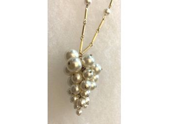 Unusual Gold Tone Necklace With A Cluster Of Faux Pearls Pendant