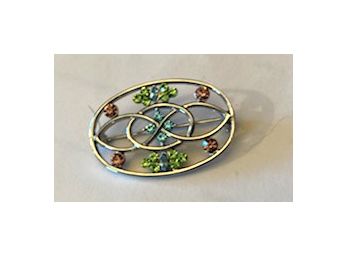 Pretty 'SOLVAR' Pin, Multi Color Rhinestones In Silver Tone Oval