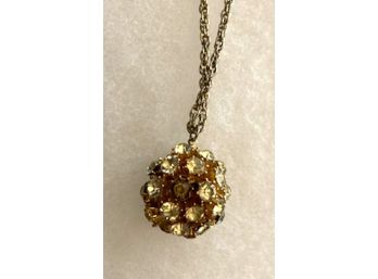 Unique Gold Tone Necklace With Disco Ball Type Pendant Of Rhinestones