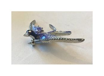 Hand Painted Bird Pin, Silver Tone With Purple & White