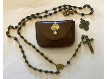 Vintage Rosary Beads In A Leather Pouch  Marked 'Roma'