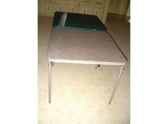 Two Samsonite Folding Card Tables Plus One Chair -  One Green Table, One Beige Table