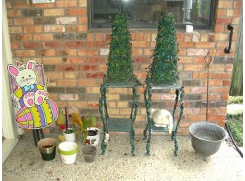 Patio Lot C: Green Metal Tables, Christmas Trees, Planters, And More