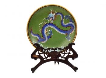 Chinese Cloisonne  And Gilt Brass Dragon Plate On Carved Wooden Stand