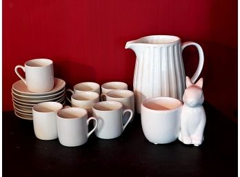 Crate & Barrel Pitcher, Espresso Cups & Saucers & A Bunny Egg Cup