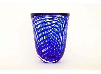 Exceptional Blue Swirl Heavy Art Glass Vase, Signed