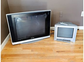 Samsung Tv Along With A Vintage Sony Trinitron