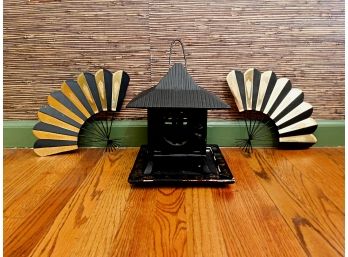 Decorative Cast Iron Pagoda Lantern & 2 Metal Fans