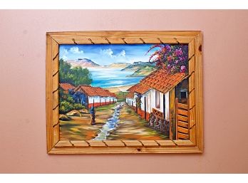 Custom Framed Oil On Canvas Village By The Sea