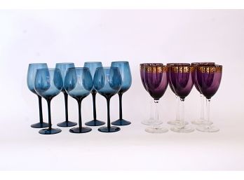 Group Of 13 Colored Glass Wine Glasses