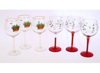 Three Pfaltzgraff & Three Clear Glass Christmas Thrmed Wine Glasses