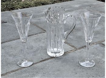 Two Waterford Flutes & A Compatale Pitcher