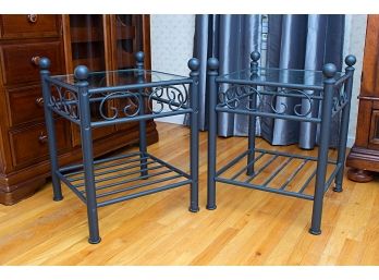 Pair Of Green Painted Glass Top Metal Side Tables