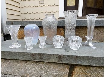 Group Of Nine Presse Glass Vases And Candlesticks