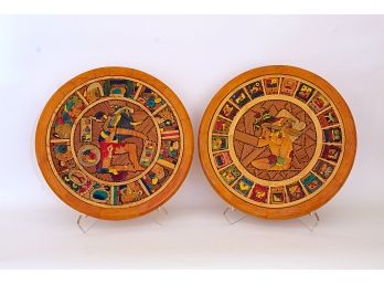 Pair Circular Inlaid Wood Aztec Calendar Medallions