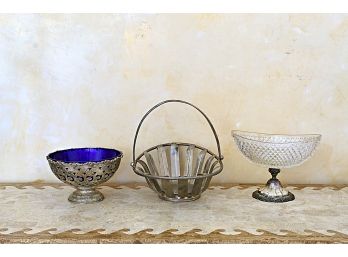 Cobalt Lined Bowl, Glass Compote & A Fun Metal Basket By Godinger Silver Art Co.