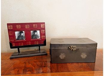 Decorative Lacquered Oriental Picture Frames & Metal Lidded Box