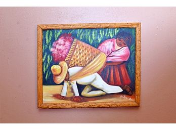 Custom Framed Oil On Canvas Depicting A Man & A Woman With A Large Basket