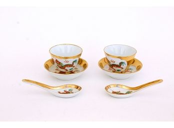 Two Exceptional Porcelain Oriental Cups, Saucers & Spoons