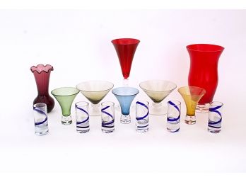 Group Of Colored Glass Vases & Glasses