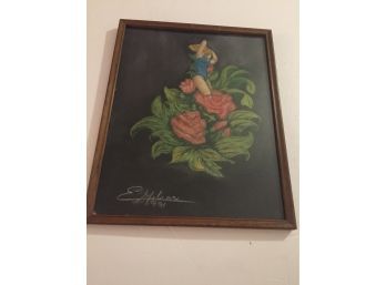 Amazing Chalk Painting Girl In Rose Bush Signed By The Artist