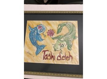 Koi Fish Watercolor On Paper, Titled Tashi Deleh & Signed By The Artist