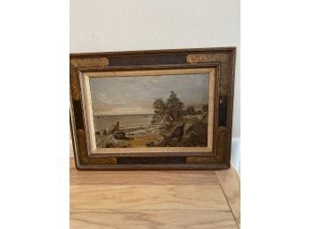 Antique Circa 1870s Oil On Millboard Ocean Landscape With Ships, Amazing Frame , Winsor & Newton Board