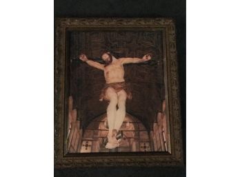 Amazing Mixed Media Wood Carved  Jesus On The Cross Professionally Framed