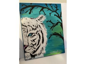 Amazing Painting Of A White Tiger Acrylic On Canvas Signed By Artist