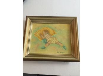 Great Oil On Canvas  Painting Of A Sleeping Baby Signed Judi Bostoper Framed