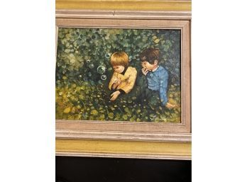 Vintage Oil On Canvas, Family Blowing Bubbles, Signed By Artist