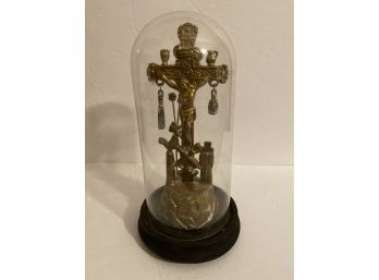 Antique Freemasons Masonic Bronze Sculpture Jesus On The Cross Under Bubble Glass Dome & Wooden Stand