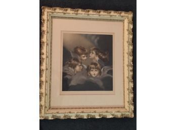 Antique Sir Joshua Reynolds Hand Embellished Watercolor Print Of Cherubs Framed And Matted