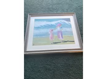 Beautiful Oil Painting Of A Family Walking Down The Beach As Waves Crash Framed Matted And Signed