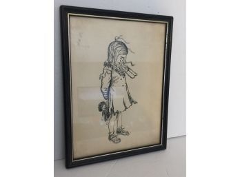 Artist Signed Ink  Drawing Of Crying Girl Holding A Doll