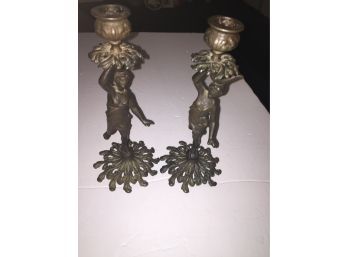 Beautiful Pair Of Antique Bronze Woman Candle Holders