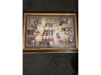 Asian Stamped Battleground Painting, Framed & Matted