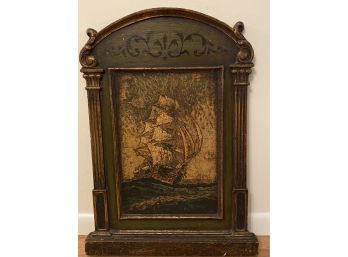 Original Joe Duncan Gleason Wood Carving Oil Painting Of A Ship Ay Sea