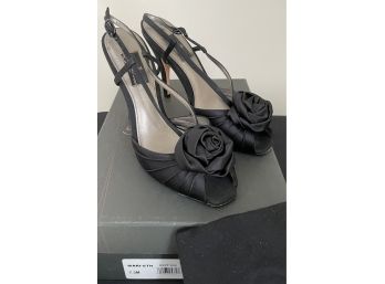 GLINT Satin Black Heels Rosette Detail Size 7.5