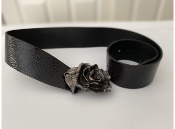 BCBG Black Leather Belt With Rose Buckle Italy