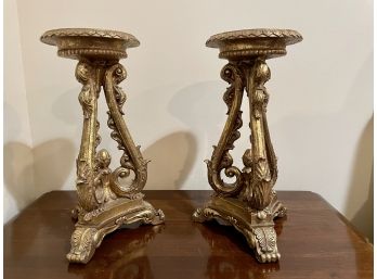 Pair Of Lovely Tripod Carved Candleholders