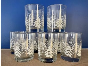 Set Of Eight Rocks Glasses With Snowy Pine Tree Decoration