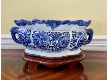 Bombay Company Blue & White Cachepot On Custom Wood Base