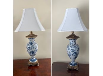 Pair Of Stunning Berman Blue & White Table Lamps With Silk Shades