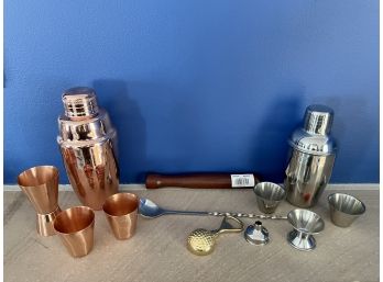 Barware Group Including Cocktail Shakers, Double Jiggers & Muddler