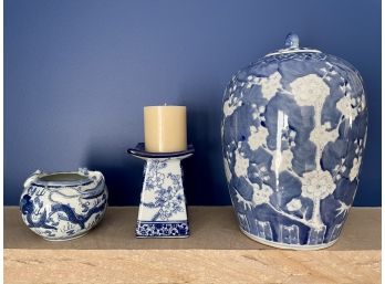 Blue & White Porcelain Ginger Jar, Candle Holder & Rose Bowl