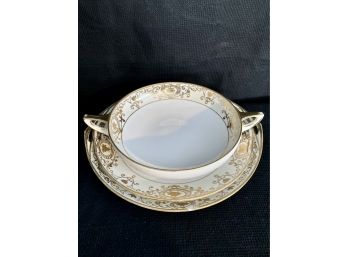 Nippon Gold And White Two Handled Bowl With Two Plates With Handles - BLUE Simple Bottom Marking