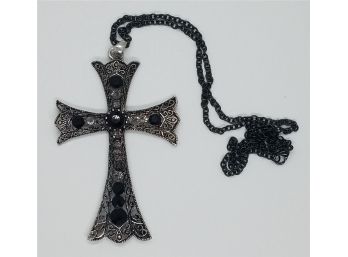 3' Cross With Black And Clear Rhinestones